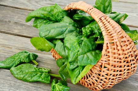 Benefits of Spinach leaves in basket on wooden floor.