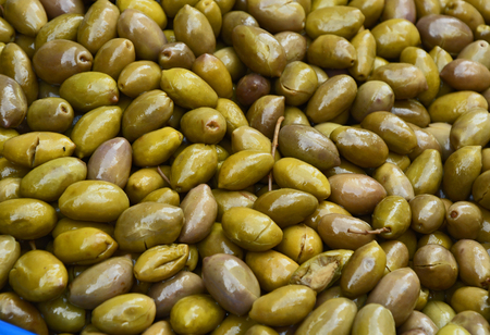 Pitted green Olives at the market at Athens Greece.の写真素材