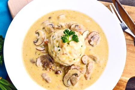 Sour mushroom sauce with bread dumpling (English name is sour mushroom sauce with breadcrumbs)の写真素材