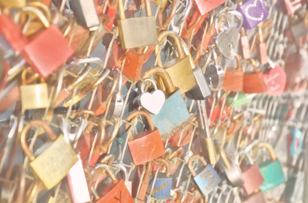 love locks at the salzburg bridge Autria.the key of love and the bridge with soft focus.の写真素材