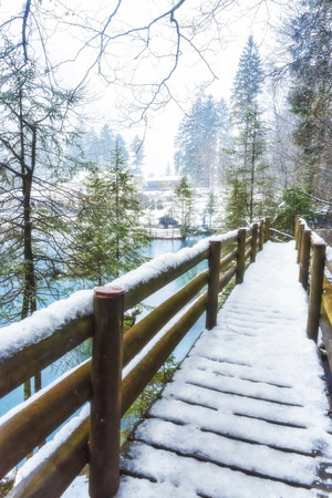 Snowy Bridge in Switzerland. Blue Lake in Switzerland surrounded by snow.の写真素材