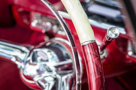 Vintage Car Steering Wheel Close Up. Retro vintage car steering wheel.の写真素材