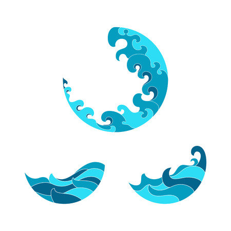 Ocean waves set isolated on white background, Wave symbols set for design, Blue sea wave of ocean surf symbol for ecology, business or nature designのイラスト素材