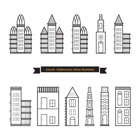Architecture outline icons, Set of Flat Style Line Art Vector Illustrations for Countryside Houses, Real estate and icons in thin line style, House vector set, vectorized buildingsのイラスト素材