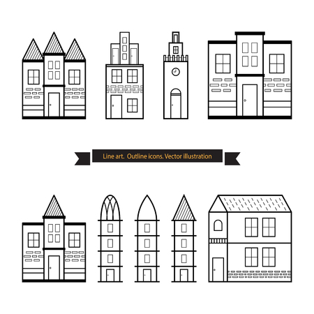 Architecture outline icons, Set of Flat Style Line Art Vector Illustrations for Countryside Houses, Real estate and icons in thin line style, House vector set, vectorized buildingsのイラスト素材