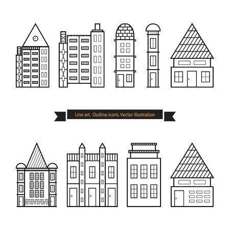 Architecture outline icons, Set of Flat Style Line Art Vector Illustrations for Countryside Houses, Real estate and icons in thin line style, House vector set, vectorized buildingsのイラスト素材