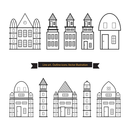 Architecture outline icons, Set of Flat Style Line Art Vector Illustrations for Countryside Houses, Real estate and icons in thin line style, House vector set, vectorized buildingsのイラスト素材