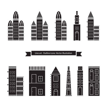 Architecture outline icons, Set of Flat Style Line Art Vector Illustrations for Countryside Houses, Real estate and icons in thin line style, House vector set, vectorized buildingsのイラスト素材