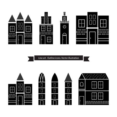 Architecture outline icons, Set of Flat Style Line Art Vector Illustrations for Countryside Houses, Real estate and icons in thin line style, House vector set, vectorized buildingsのイラスト素材