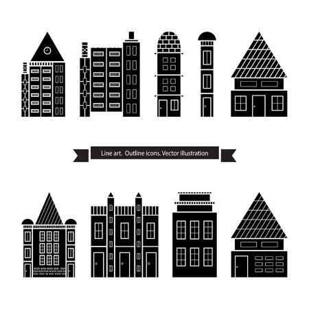 Architecture outline icons, Set of Flat Style Line Art Vector Illustrations for Countryside Houses, Real estate and icons in thin line style, House vector set, vectorized buildingsのイラスト素材
