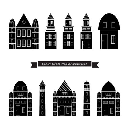 Architecture outline icons, Set of Flat Style Line Art Vector Illustrations for Countryside Houses, Real estate and icons in thin line style, House vector set, vectorized buildingsのイラスト素材