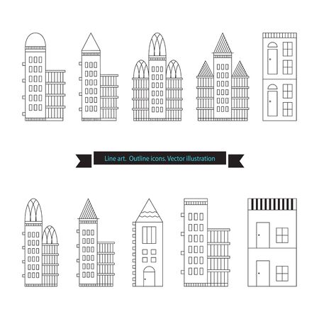 Architecture outline icons, Set of Flat Style Line Art Vector Illustrations for Countryside Houses, Real estate and icons in thin line style, House vector set, vectorized buildingsのイラスト素材