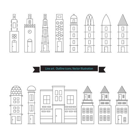 Architecture outline icons, Set of Flat Style Line Art Vector Illustrations for Countryside Houses, Real estate and icons in thin line style, House vector set, vectorized buildingsのイラスト素材