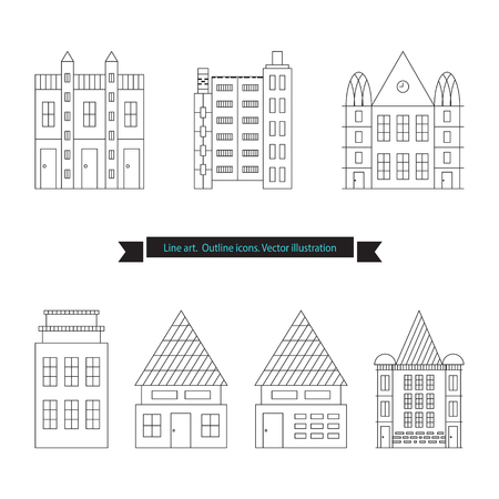 Architecture outline icons, Set of Flat Style Line Art Vector Illustrations for Countryside Houses, Real estate and icons in thin line style, House vector set, vectorized buildingsのイラスト素材