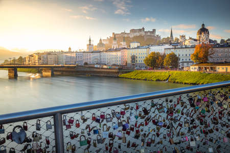 Salzburg from chains bridge at golden sunrise â Austriaの写真素材
