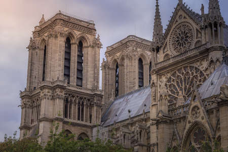 Notre Dame of Paris towers, spire, columns and archs, side view, Franceの写真素材