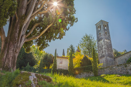 Countryside near Bellagio with Villa, church tower and Cypress, Lake Como, Italy.の写真素材