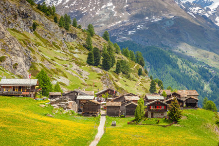 Idyllic swiss landscape with Zermatt village at springtime, Valais, Switzerlandの写真素材