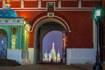 Saint Basil's Cathedral illuminated in the evening, Red Square, Moscow, Russiaの写真素材