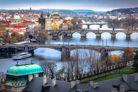 Above Prague old town bridges and river Vltava at dawn, Czech Republicの写真素材