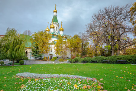Russian Church of St. Nicholas the Miracle-Maker in Sofia at autumn, Bulgariaの写真素材