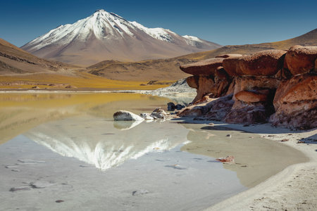 Laguna Piedras Rojas, salt lake in Atacama desert, volcanic landscape, Chileの写真素材
