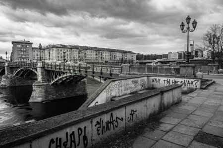 Lazdynai residential district of Vilnius with tv tower and horse man at sunset, Lithuaniaの写真素材