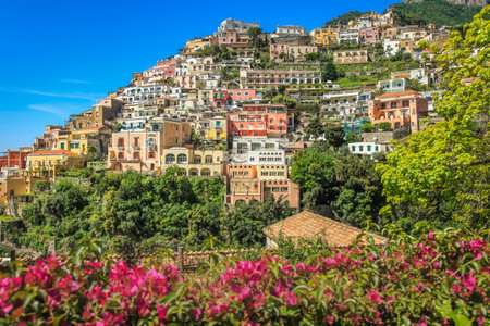 Positano cityscape bay at golden sunset, Amalfi coast of Italy, Southern Europeの写真素材