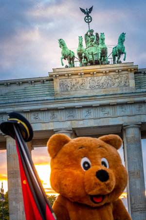 Brandenburg Gate, Brandenburger Tor, at dramatic sunset in Berlin, Germanyの写真素材