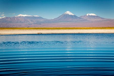 Licancabur volcanic landscape and salt lake reflection at sunset in Atacama Desert, Chile, South Americaの写真素材