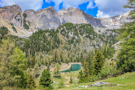 Above Achensee, turquoise lake, and Pertisau from Rofan Mountain in Tyrol, Austriaの写真素材