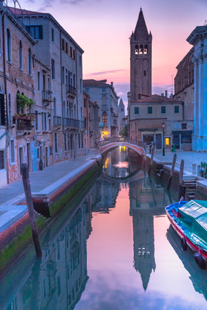 Peaceful Canal scenary in romantic Venice at springtime, Northern Italyの写真素材