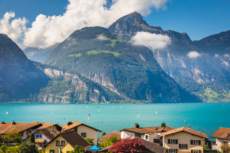 Aerial view of interlaken city in Bernese Oberland, Switzerlandの写真素材