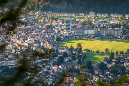 Aerial view of interlaken city in Bernese Oberland, Switzerlandの写真素材