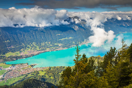 Aerial view of Swiss Alps and Lake Brienz at dramatic sunset, Interlakenの写真素材