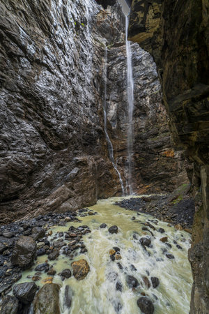 Idyllic landscape of Grindelwald glacier Gorge canyon river in Bernese Oberland at springtime , Swiss Alps, Switzerlandの写真素材