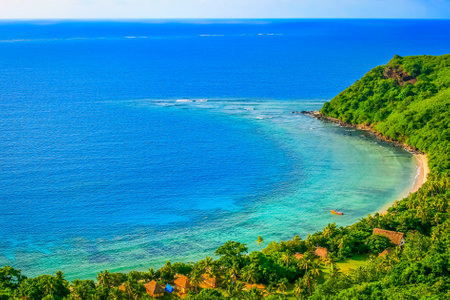 Tropical sandy beach at summer day in Fiji Islands, Pacific oceanの写真素材