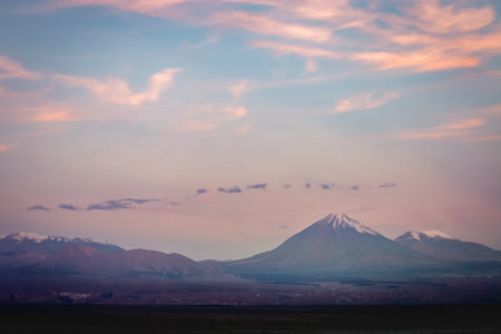 Licancabur and Peaceful dramatic volcanic landscape at Sunset, Atacama Desert, Chileの写真素材
