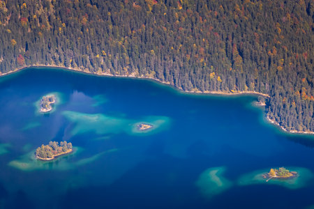 Eibsee lake from above Zugspitze at dramatic autumn landscape, Garmisch, Germany, border with Austria Tyrolの写真素材