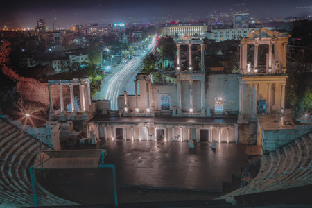 Ancient Roman theater of Philippopolis in city of Plovdiv at night, Bulgariaの写真素材