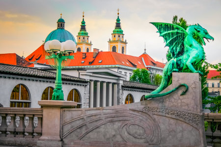 Dragon Bridge, symbol of the city of Ljubljana at evening, Sloveniaの写真素材