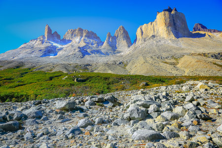 Horns of Paine and dramatic landscape at sunset, Torres Del Paine, Patagonia, Chileの写真素材