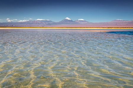 Licancabur and Peaceful reflection lake with dramatic volcanic landscape at Sunset, Atacama Desert, Chileの写真素材