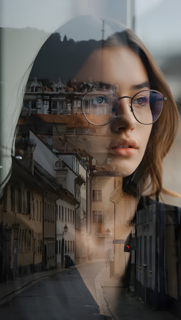 portrait of young beautiful woman looking through the window of a buildingの素材