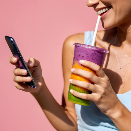 Cropped image of young woman with smoothie and mobile phone on pink backgroundの素材