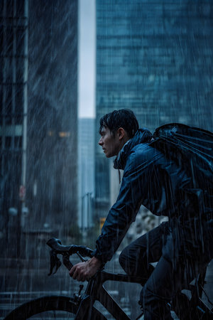 Young man in raincoat riding bicycle in the city at rainy dayの素材
