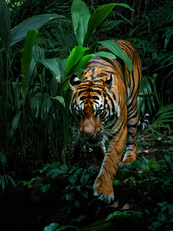Sumatran tiger walking in the jungle. (Panthera tigris altaica)の素材