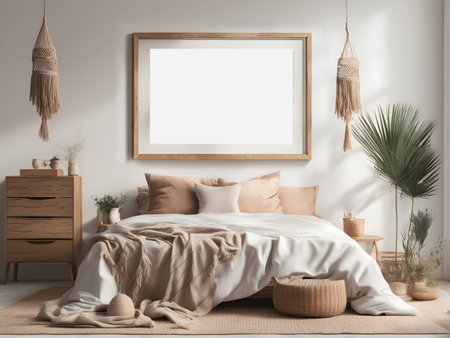 Mock up poster frame in bedroom interior background, 3d renderの素材