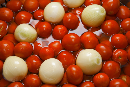 Tomatoes and onion in waterの写真素材