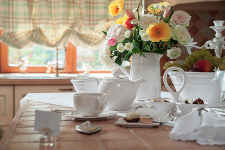 Kitchen surface table with utensilsの写真素材